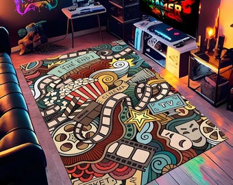 Alfombra con temática de cine: Arte con rollos de película y palomitas de maíz, decoración de Hollywood