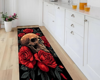 Gothic Skull and Red Rose Rug, Dark Academia Decor, Vampire Themed Mat, Washable, Non-Slip