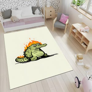Fire Breathing Crocodile Rug, Fun Cartoon Style, Bold Kids Room Decor, Jungle Theme Carpet, Cool Animal Design, Playful Statement Rug