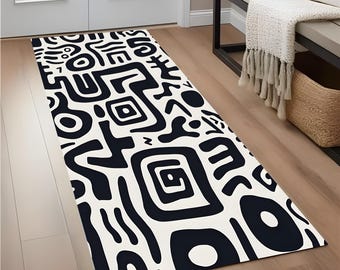 Abstract Black and White Runner Rug: Modern Minimalist Entryway Carpet