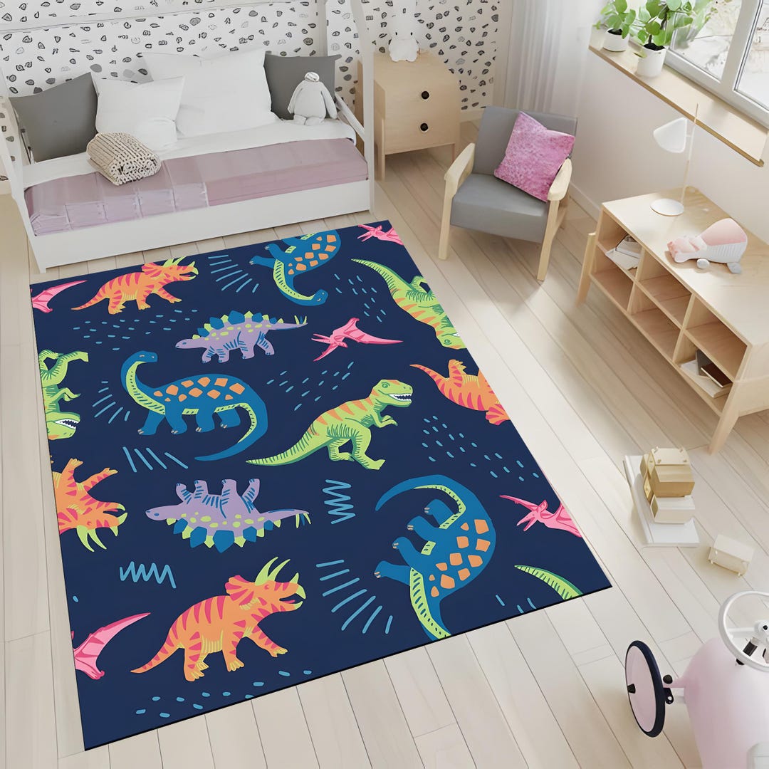 Dinosaur Kids Rug: Playroom Dino Decor, Washable Nursery Mat - Etsy