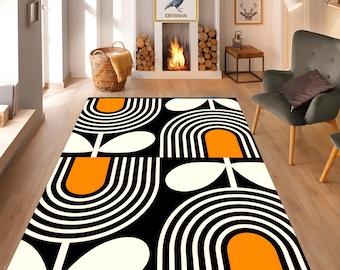 Mid Century Modern Rug – Retro Geometric Black and Orange Area Rug