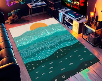 Teal Ocean Sunset Rug: Coastal Beach Waves Decor