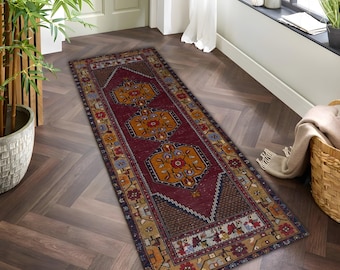 Vintage Burgundy Turkish Runner Rug – Tribal Geometric Hallway Mat