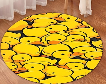 Yellow Rubber Duck Round Area Rug, Cute Duckling Pattern Circular Carpet, Fun Bathroom Floor Mat, Playful Nursery Decor, Kids Room Round Rug
