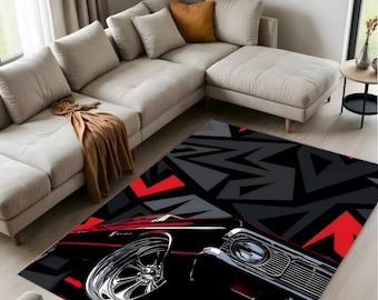 Sports Car Rug, Racing Decor, Boys Room Chenille Rug, Washable Non-Slip
