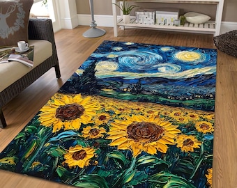 Van Gogh Sunflowers Rug, Starry Night Art, Classic Painting, Artist Home Decor, Washable, Non-Slip
