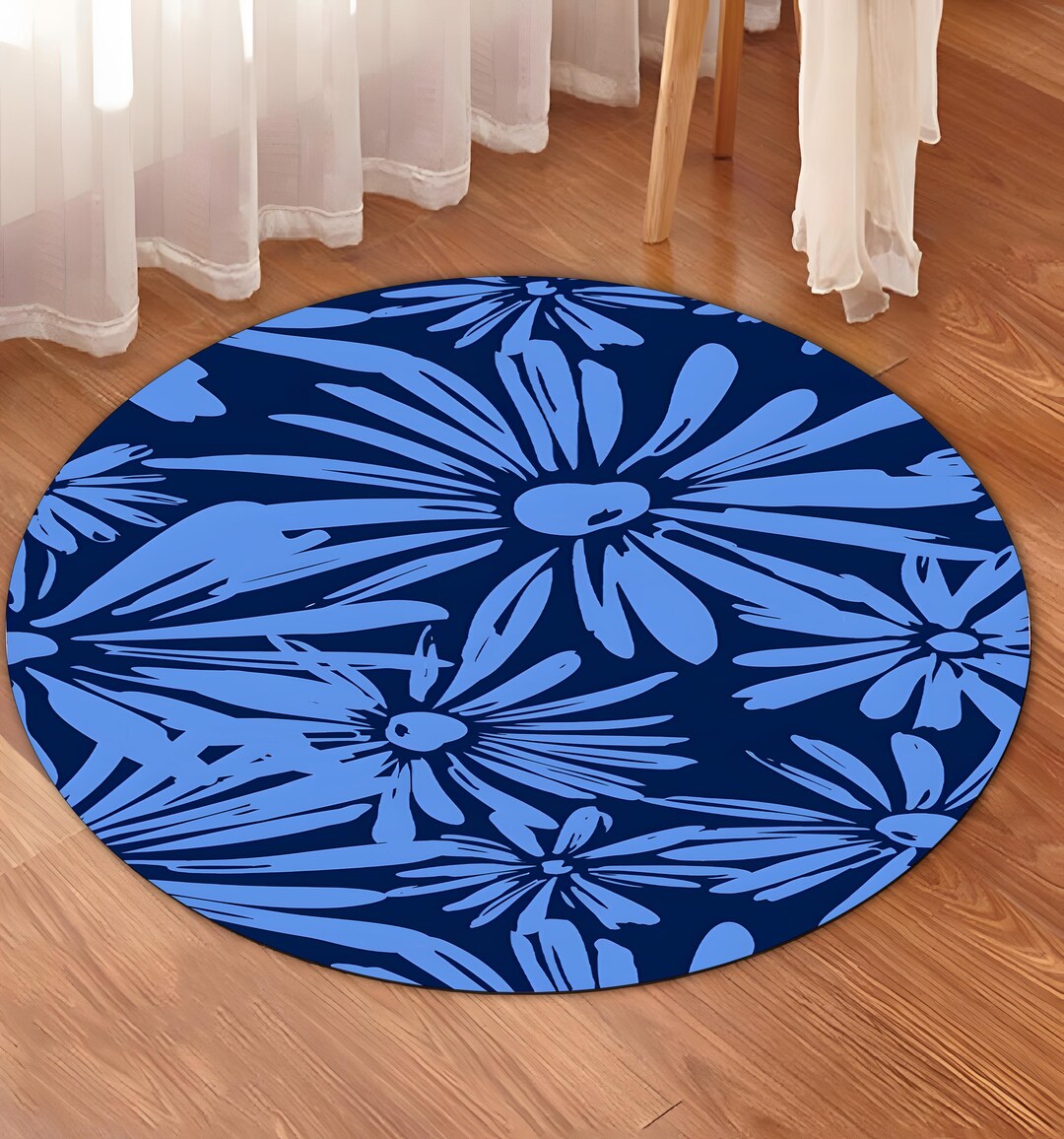 Blue Daisy Round Area Rug, Floral Circular Carpet for Living Room ...
