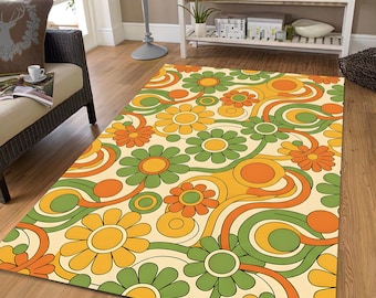 Groovy Flower Area Rug – Retro Boho Washable Carpet