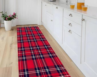 Red Plaid Rug, Tartan Pattern, Buffalo Plaid, Rustic Farmhouse Decor, Washable, Non-Slip