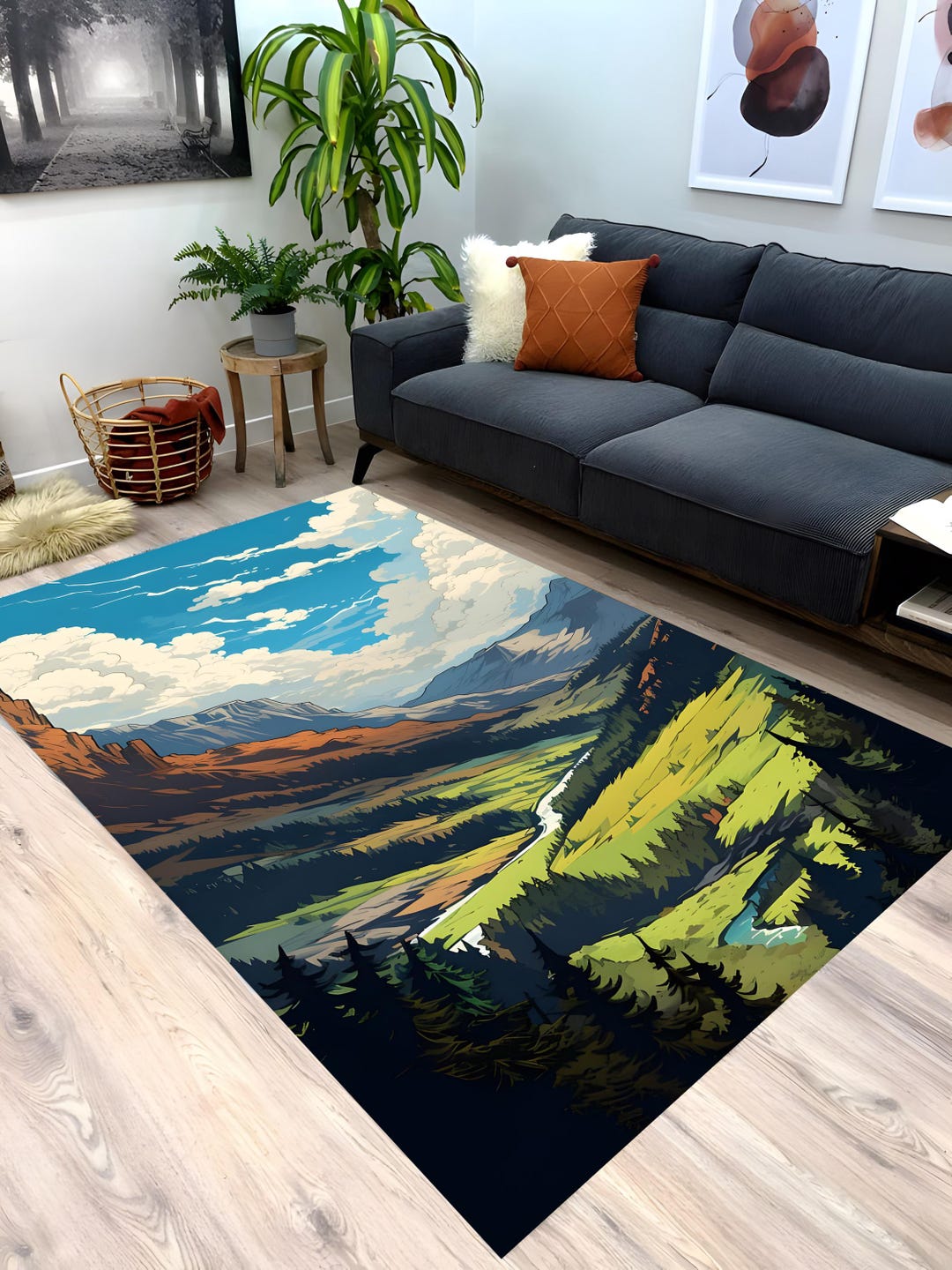 River Rug Custom Mountain Valley Rug, Scenic Landscape Art, Nature Inspired Decor, River ...