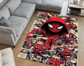 Tappeto in stile fumetto con supereroi, tappeto in ciniglia con collage di Spiderman, tappeto per la cameretta dei bambini.