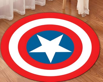 Captain America Round Area Rug, Red White and Blue Star Circular Carpet, Kids Bedroom Superhero Decor,Round Floor Mat,Playroom Rug