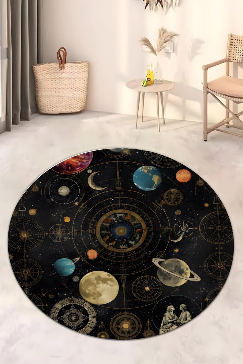 Celestial Astrology Round Rug - Machine Washable Rug for Office, Non ...