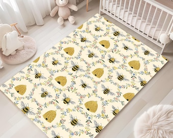 Bee Rug, Floral Rug, Cottagecore Decor, Honey Bee Rug, Nursery Rug, Washable, Non Slip