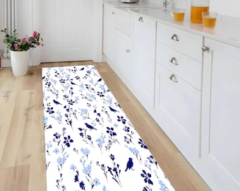Floral Bird Rug: Vintage Cottagecore Style, Washable, Non-Slip