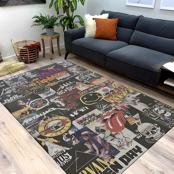 Rock Band Collage Rug: Classic Music Decor, Grunge Style