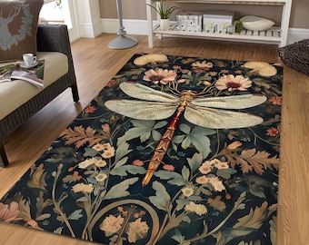 Dark Botanical Dragonfly Washable Rug – Vintage Floral Printed Area Carpet