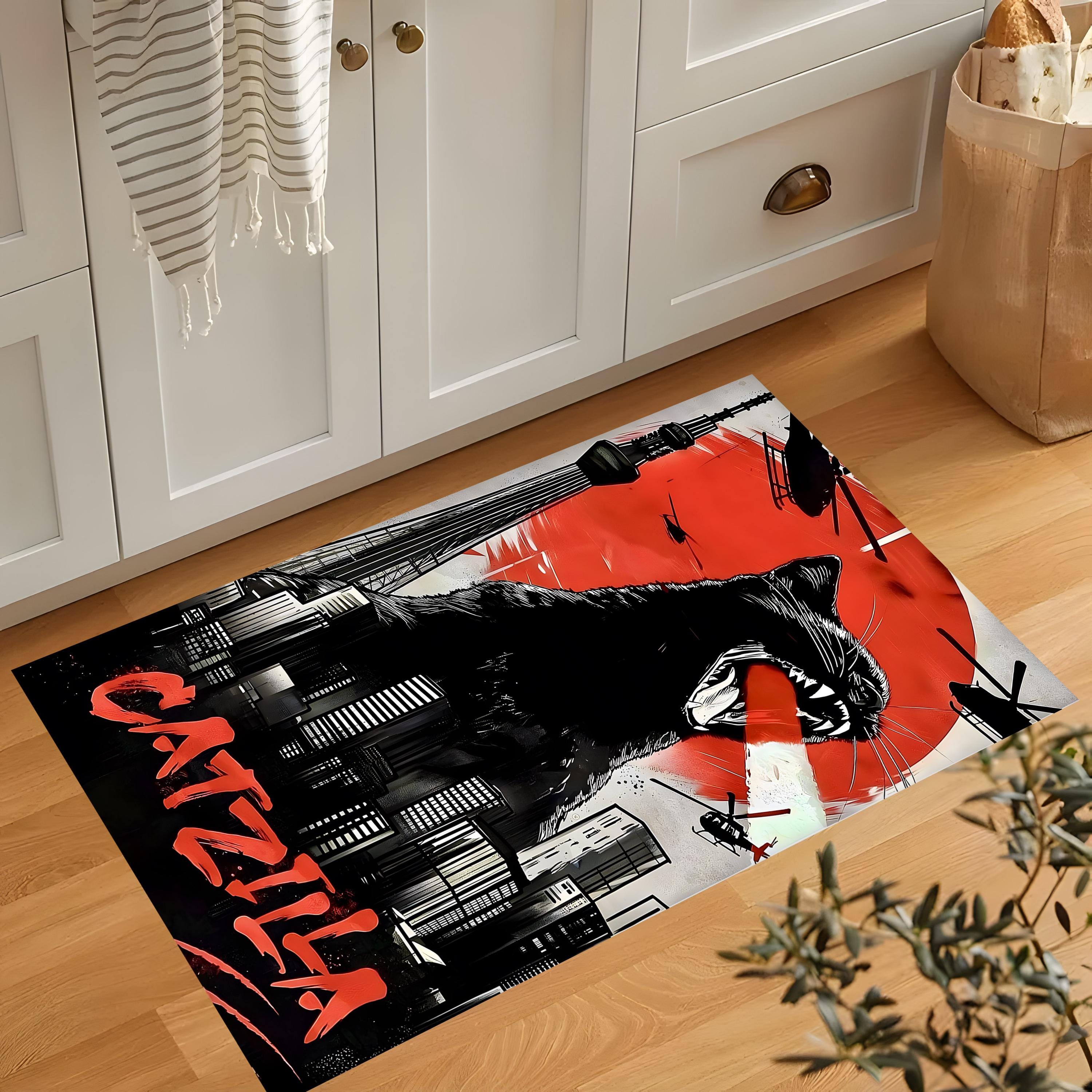 ゴジラ　猫　ラグマット Catzilla Rug, Giant Monster Cat, Godzilla Art, Japanese Decor