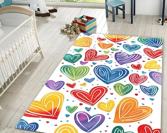 Colorful Hearts Kids Rug, Rainbow Heart Area Rug, Playroom Decor, Cute Nursery Carpet, Washable, Non Slip Rug