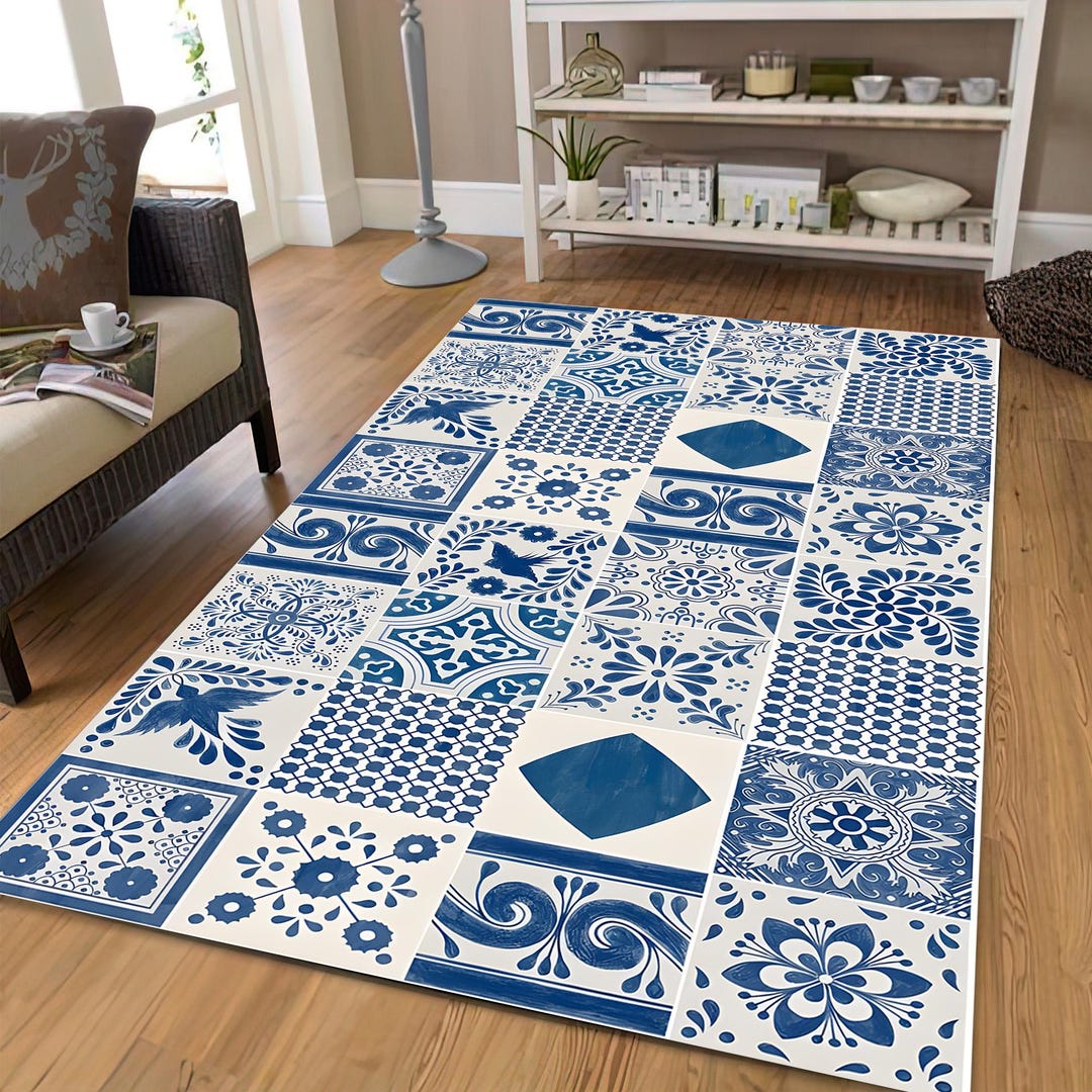 Blue Porcelain Rug Blue Tile Pattern Rug, Mediterranean Ceramic Azulejo Carpet, Boho ...