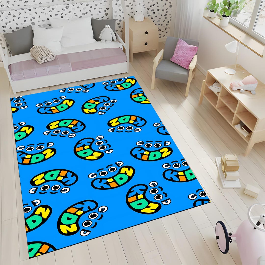 Blue Cartoon Kids Rug: Funky Playroom Decor, Modern Nursery - Etsy