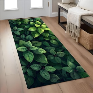 Green Leaf Runner Rug: Botanical Hallway Mat, Non-Slip Backing