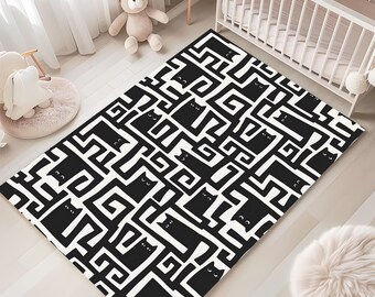 Black Cat Area Rug, Modern Cat Rug, Geometric Pet Carpet, Minimalist Animal Decor, Washable, Non Slip Rug