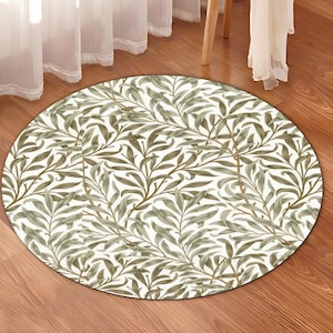 Sage Green Willow Leaf Round Rug – Non-Slip Botanical Carpet