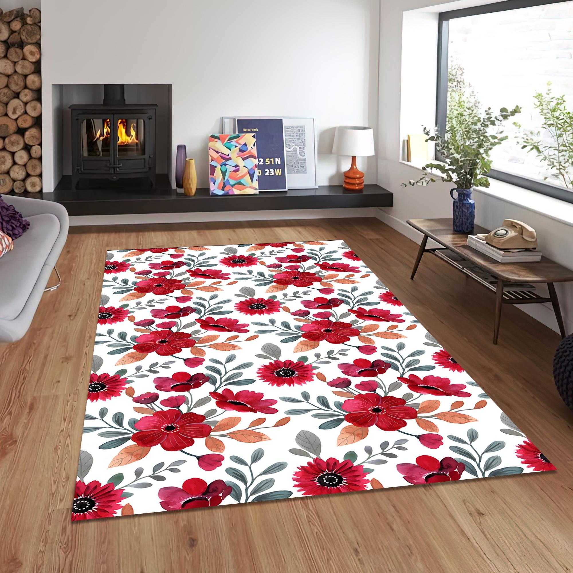 赤い花柄ラグ・カーペット 丸洗いOK！ゴブラン織りヨーロピアン調花柄ラグ『ジェンヌ レッド