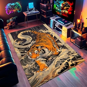 Alfombra de dragón y tigre, diseño atrevido de inspiración asiática, colorida criatura mítica para juegos o decoración de sala de estar.