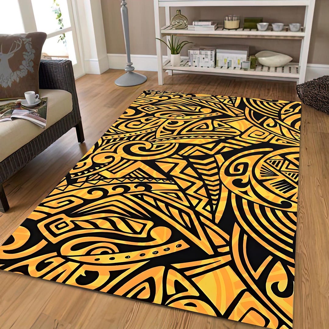 Polynesian Tribal Rug, Gold and Black, Samoan Tattoo Art, Abstract ...