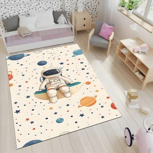 Astronaut Kids Rug: Soft Space Theme Nursery Playroom Carpet