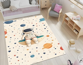 Astronaut Kids Rug: Soft Space Theme Nursery Playroom Carpet