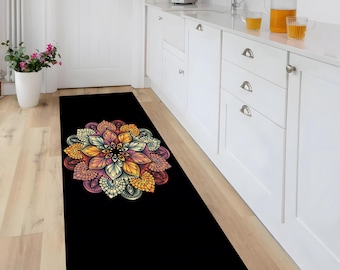 Rainbow Mandala Rug, Colorful Bohemian Flower Art, Yoga Room Decor, Washable, Non-Slip Mat