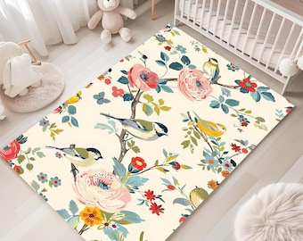 Bird Floral Kids Rug, Vintage Floral Area Rug, Cottagecore Nursery Decor, Washable, Non Slip Room Rug