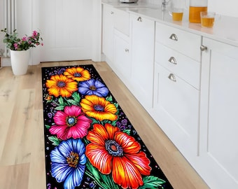 Vibrant Poppy Flower Rug, Bright Neon Floral Art, Botanical Glow Decor, Washable, Non-Slip