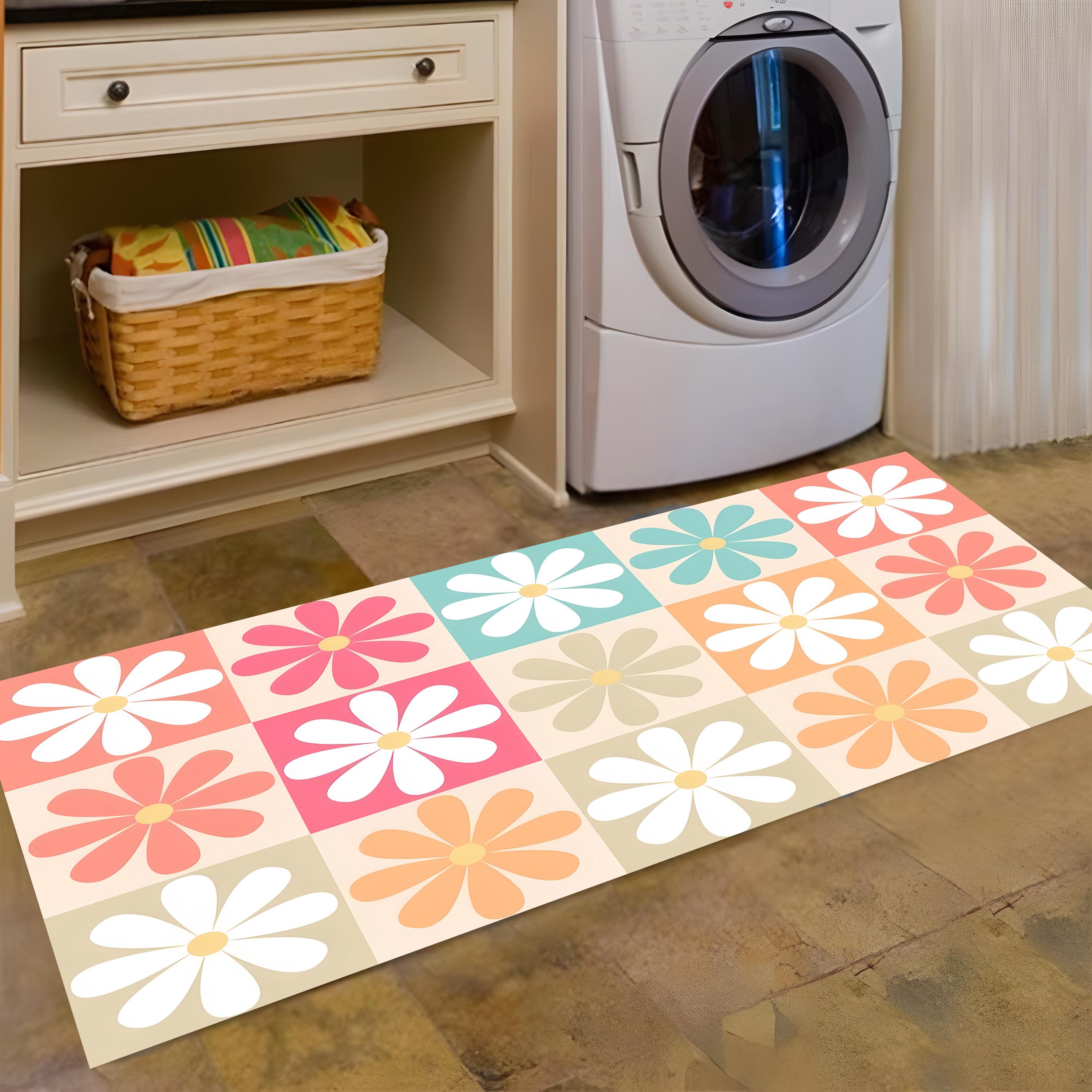 Vintage Daisy Rug: 70s Groovy Color Block Pastel Floral Floor Mat