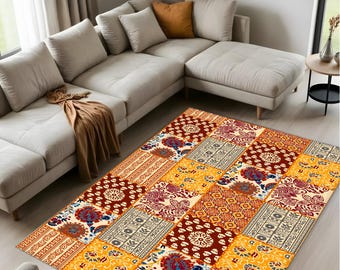 Bohemian Patchwork Area Rug, Orange Floral Pattern Carpet for Living Room, Washable Non-Slip Rug, Ethnic Style Large Rug, Retro Kilim Design