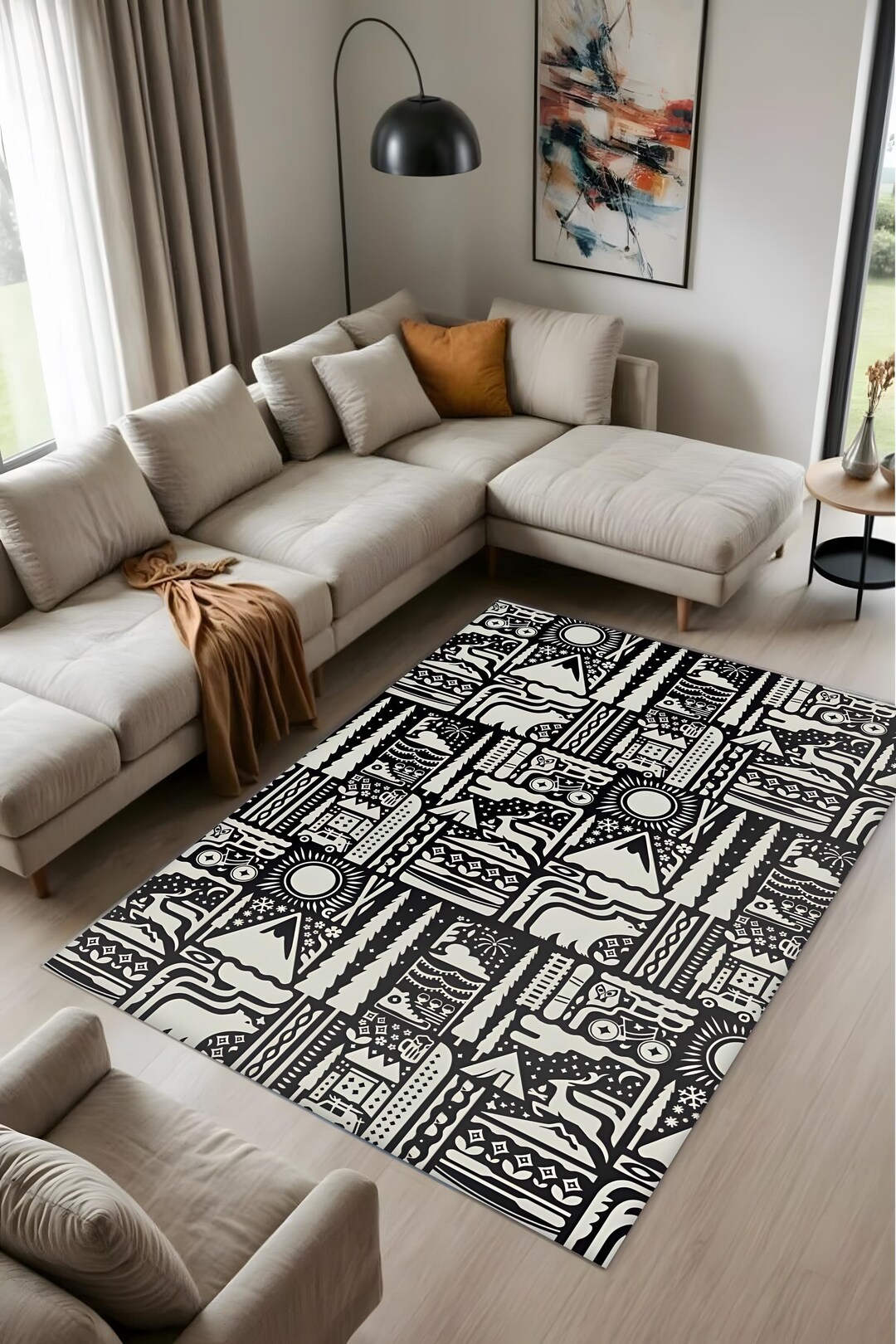 Adventure Theme Area Rug, Black and White Wilderness Cabin Decor ...