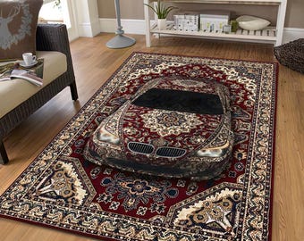 Luxury Car Turkish  Style Area Rug, Automotive Oriental Fusion