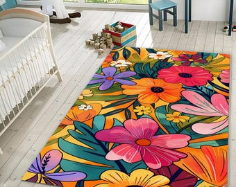 Vibrant Floral Chenille Rug, Boho Botanical Kids Room Decor, Washable Non-Slip Runner