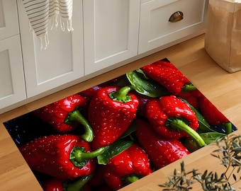 Red Bell Pepper Rug, Foodie Decor, Kitchen Mat, Vegetable Art, Washable, Non-Slip