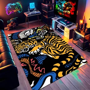 Alfombra de dragón y tigre, diseño atrevido de inspiración asiática, colorida criatura mítica para juegos o decoración de sala de estar.