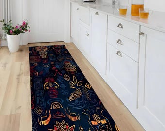 Aztec Tribal Pattern Rug, Mayan Geometric Art, Dark Boho Decor, Washable, Non-Slip Mat