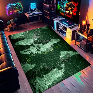 May include: A rectangular green rug with a world map design, featuring continents and countries in shades of green and white. The rug is placed in a gaming room setting, with a black sofa and gaming equipment visible in the background.
