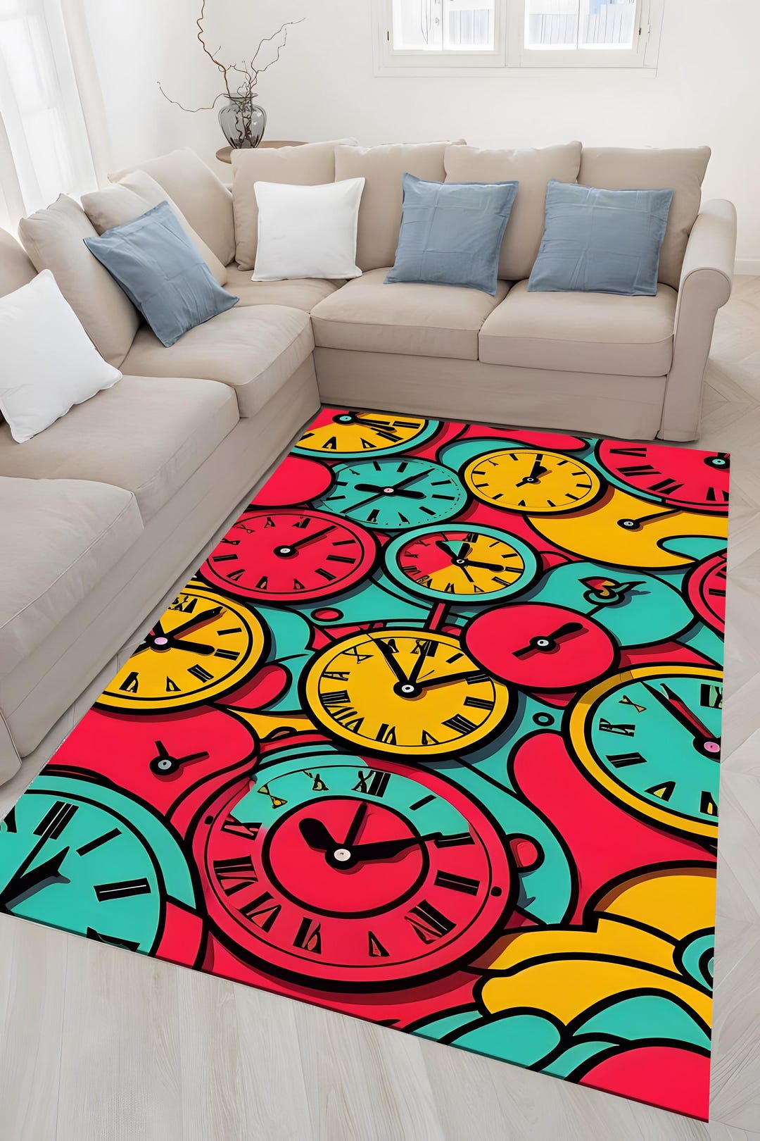 Pop Art Clock Rug, Bright Retro Wall Clocks, Abstract Time Pattern ...