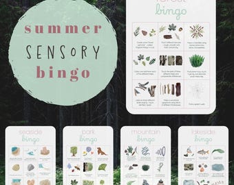 Bingo sensoriale all'aperto per bambini: caccia al tesoro nella natura, 5 schede di attività estive stampabili.