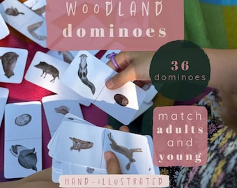 Könnte beinhalten: Ein Set aus 36 rechteckigen Dominosteinen mit handgezeichneten Waldtieren. Jede weiße Karte zeigt zwei verschiedene Abbildungen von Wildtieren, darunter Otter und Wildschweine, die dazu dienen, erwachsene Tiere und Jungtiere zuzuordnen.