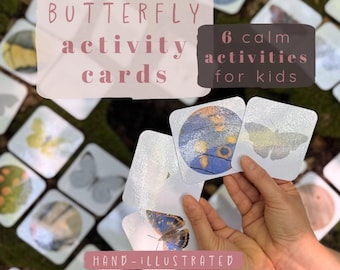 Könnte beinhalten: Ein Set quadratischer Aktivitätskarten mit Schmetterlingsillustrationen. Die Karten zeigen verschiedene Schmetterlingsarten in kreisförmigen und quadratischen Rahmen. Der Text lautet: BUTTERFLY activity cards, 6 calm activities for kids, HAND-ILLUSTRATED.